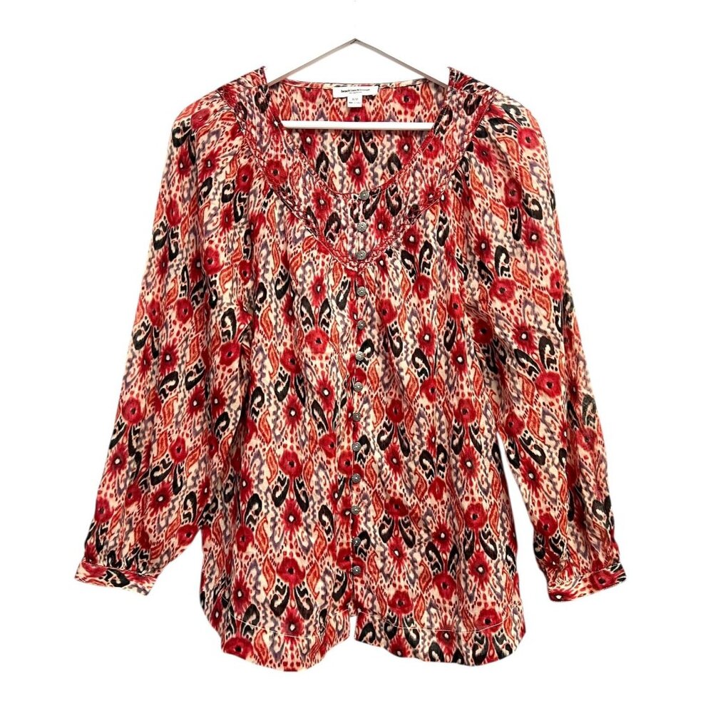 Beach Lunch Lounge Tunic Top Size S Red Balloon L/S Embroidered Button Oversized